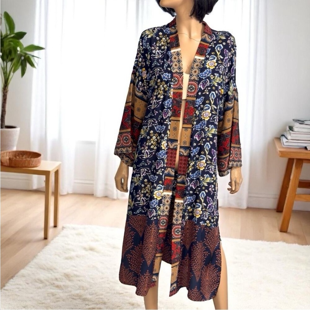 Umgee Artsy Dark Floral Maxi Kimono Open Flowy Boho Festival Lagenlook Medium